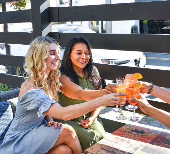 Two women sitting at a table outdoors are clinking glasses with a person off-camera, perhaps celebrating their visit to the local bar and grill. One woman has blonde hair and is wearing a light blue dress, while the other has dark hair and is in a green outfit. They sit against a backdrop of a wooden fence and a parked car.