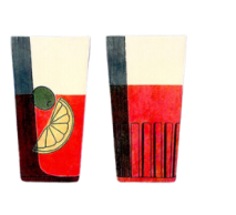 Illustration of two tall glasses filled with a red and white layered beverage. The glass on the left, garnished with a slice of lemon and an olive, complements any cocktail at the best restaurant. The glass on the right is plain with vertical lines near the bottom.