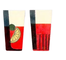 Illustration of two tall glasses filled with a red and white layered beverage. The glass on the left, garnished with a slice of lemon and an olive, complements any cocktail at the best restaurant. The glass on the right is plain with vertical lines near the bottom.